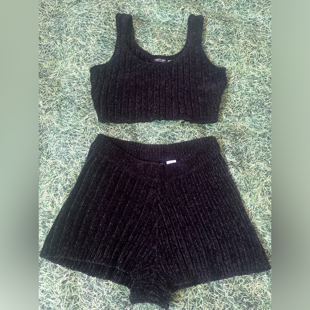 NASTYGAL BLACK CHENILLE SLEEP LOUNGE SET